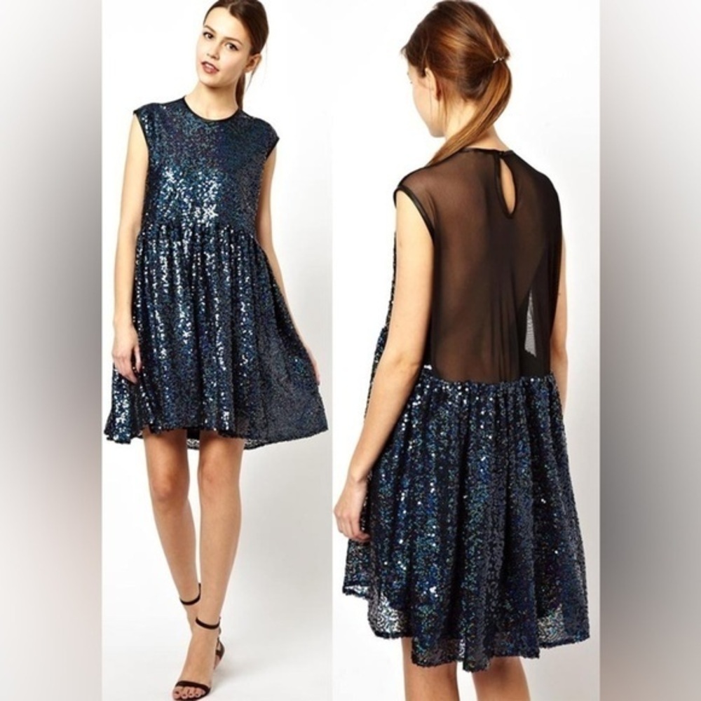ASOS blue and black sequin mesh back backless cap sleeve dress party event sz 6
